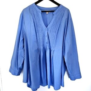 Woman Within 3X  Blue Smocked V-neck Half Button Down Pullover Long Sleeve Tunic